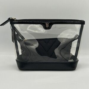 Victoria's Secret Black Clear 2-in-1 Makeup Bag Set Quilted Pouch Gold Logo NWT